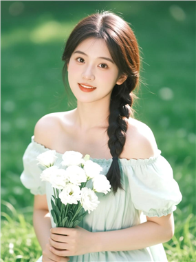 夏季草地露肩连衣裙美女摄影图片